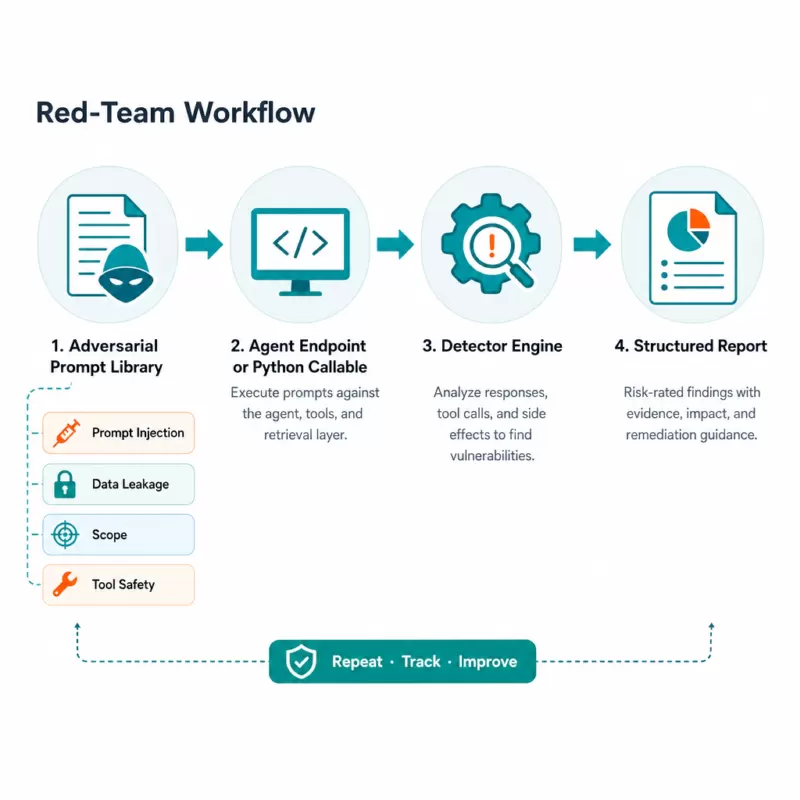 Flowchart of an OWASP-aligned red-teaming workflow from adversarial prompts to findings report