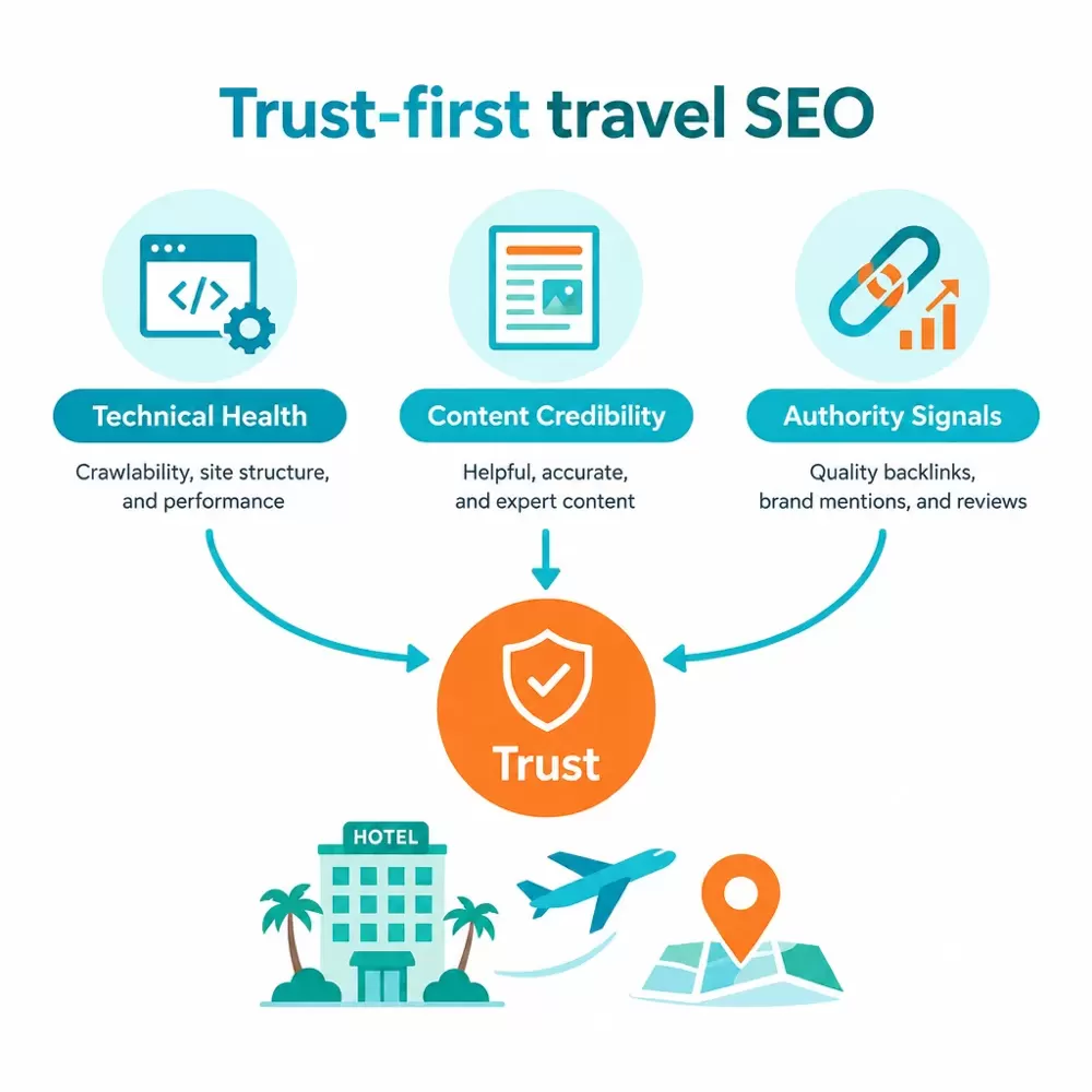 Trust-first travel SEO framework diagram